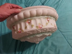 ANTIQUE Ceiling Lamp 16" Shade White Glass PINK Painted Flowers - Picture 1 of 9