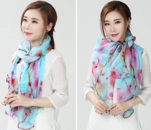 100% Silk Scarf Women neckerchief Shawl Wrap Floral thin pink red blue MY144-2 - Picture 1 of 5