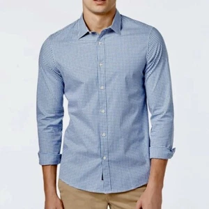 MICHAEL KORS Airsoft Stretch Gingham Button Down Shirt Blue & White Gingham sz S - Picture 1 of 5