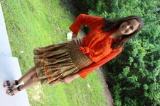 Womens 2PC BOHO GYPSY SKIRT Recycled Sari Orange SHEER TUNIC HIPPY FUNKY SM