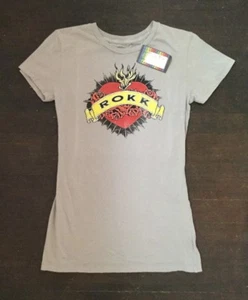 Rokk Womens T-shirt Gray Red Heart Tattoo Skinny Fit Sz Large NWT - Picture 1 of 5