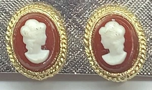 Vintage Cameo Gold Tone Rhinestone Patented Clip on Earrings Excellent  - Picture 1 of 16