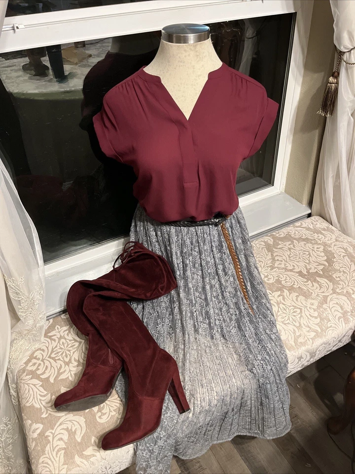 Womans Clothes And Over The Knee Burgundy Suede Boots To Match, Lot Of Six - Image 1 of 4
