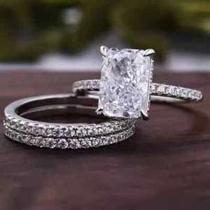 4Ct Radiant Cut Moissanite Trio Bridal Set Engagement Ring 14K White Gold Plated - Picture 1 of 10