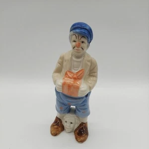 Glossy Clown Figurine Head Between Feet Vintage Porcelain MCM Holding Gift Blue - Picture 1 of 8