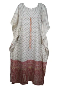 Boho White Maxi Kaftan Printed Maternity Loose Bikini Cover Up Recycle Caftan XL