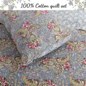 NEW! ~ COZY CHIC SHABBY COUNTRY FRENCH BLUE GREEN TEAL PINK ROSE LEAF QUILT SET - Picture 1 of 5