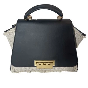 Zac Posen Black Leather & White Linen Shoulder Strap-Flap-Top Handle- Purse Bag - Picture 1 of 21