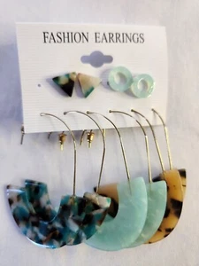 5 Pairs Chunky Hoop Earrings, Tortoise Shell Hoop Earrings, Triangle And Donut - Picture 1 of 3