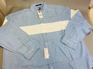 Tommy Hilfiger Colorblock Chambray/weiß Langarm Hemd mit Knopfleiste 2XL Vintage Neu mit Etikett - Bild 1 von 15