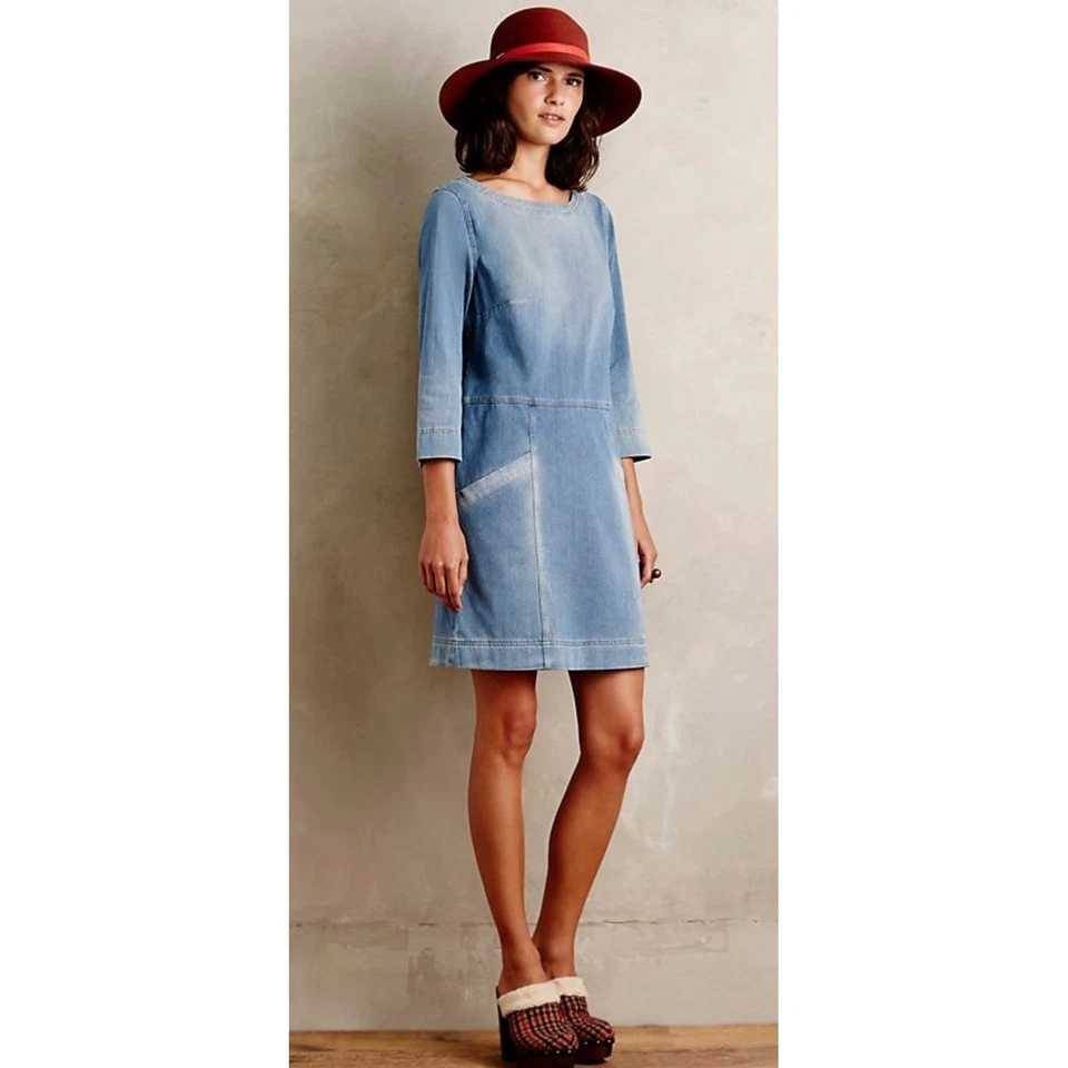 Anthropologie AG Adriano Goldschmied Denim Dress 3/4 Sleeve Boat Neck Pockets XS - Image 1 of 4