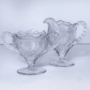 Vintage Etched Floral Clear Glass Creamer Covered Sugar Bowl Set Twisted Handle - Picture 1 of 13