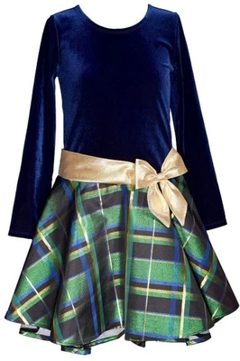 NEW Bonnie Jean Girls Size 16 "BLUE GREEN GOLD BOW" Christmas Hipster Dress NWT - Image 1 of 4