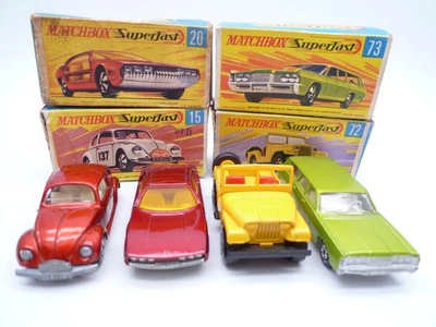 VINTAGE MATCHBOX SUPERFAST 15 VW 20 LAMBO 72 JEEP 73 MERCURY ORIGINAL BOXES 1970 - Image 1 of 4