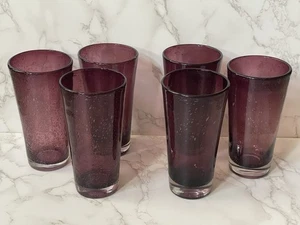 Menge 6 Blasen Glas Becher 16 Unzen Lila 6,5" Hoch Mundgeblasene Pflaume Schwer - Bild 1 von 15