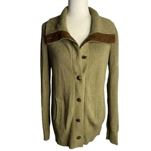 Lauren Ralph Lauren Cardigan Sweater M Green Brown Button Up Pockets Elbow Patch - Picture 1 of 8