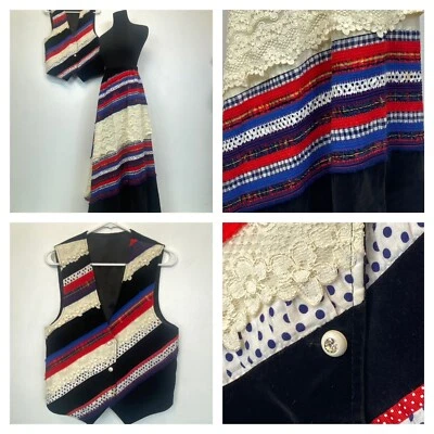 1970s Skirt and Vest Set Patchwork size M Velvet Lace Polka Dot Multicolor SK - Image 1 of 4
