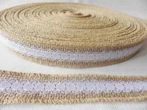 2m x 28mm Hessian Burlap Jute Ribbon with Lace Overlay - Bridal Floral Craft - Picture 1 of 1