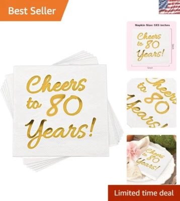 ¡Saludos 80 años! Paquete de 50 servilletas de cumpleaños de 3 capas de oro blanco - decoración elegante Foto 1 de 4