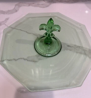Vintage Fostoria Glass Green Palm Brocade Platter with a Fleur De Lis handle. - Image 1 of 3