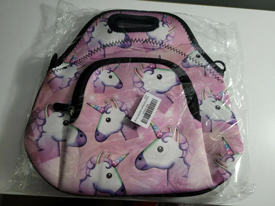 Bolso de mano de almuerzo aislado de neopreno rosa unicornio con correa de bolsillo Foto 1 de 2