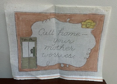 Vintage Handpainted Needlepoint Canvas Rotary Telephone Phone Booth Call Home - Image 1 of 4