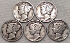 5 Mercury Dimes Lot of Five - Varied Dates and Conditions! 90% Silver - Merc508