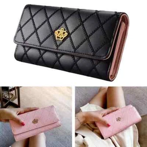 Mujeres Cuero PU Cartera Larga Patrón Diamante Cartera Gran Capacidad Tarjeta - Imagen 1 de 21