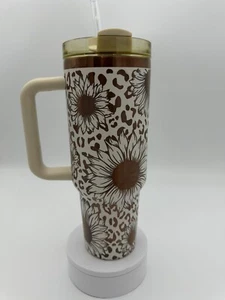 40oz Insulated Tumbler Laser Engraved with Sunflowers with Leopard Print - Picture 1 of 7