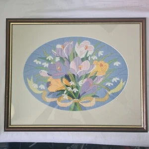 Vintage Floral Yellow Framed Wall Art Decor Needlepoint Tapestry Woven Stitch - Picture 1 of 24
