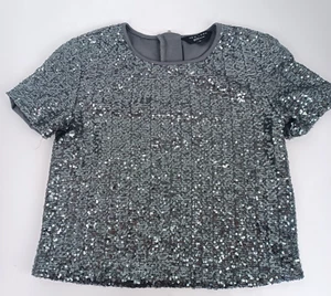 New Look 915 Generation Girls 10 Back Zip Short Sleeve Sequin Shirt Silver Tone - Picture 1 of 8