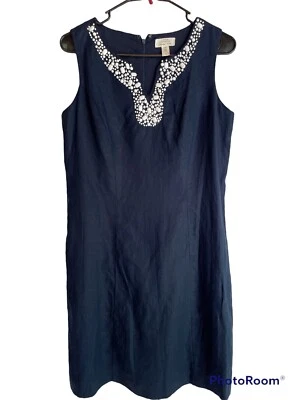 Charter Club  Linen Sheath Dress Navy Beaded Trim Lined Sleeveless 10 Petite 10P - Image 1 of 4
