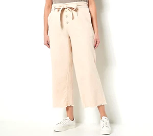 Pantaloni crop gamba larga davanti bottoni twill denim cucito laterale Luxe - sabbia calda, XS - Foto 1 di 1