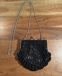 Vintage Black Beaded Shell Purse Made In Hong Hong - Picture 1 of 24