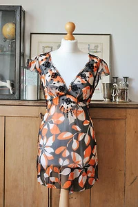 Vestido túnica Monzón retro negro naranja y beige seda cuentas cintura imperio Reino Unido 10 - Imagen 1 de 10