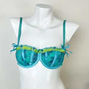 Ravage Bra 85B NWT RRP $264 Push Up Embroidery Lace French Lingerie Turquoise - Picture 1 of 6