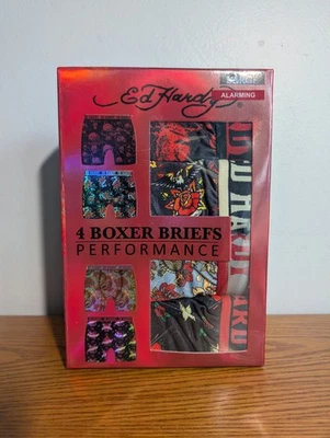 Paquete de 4 calzoncillos boxer grandes de rendimiento ED HARDY estampados multicolores nuevos con etiquetas  Foto 1 de 4