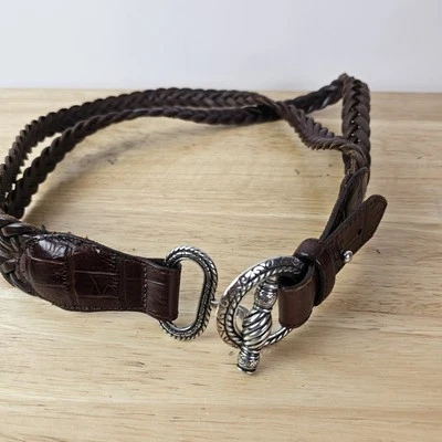 1996 Vtg Double Strap Brown Leather Woven Belt Silver Tone Metal Toggle Closure - Image 1 of 4