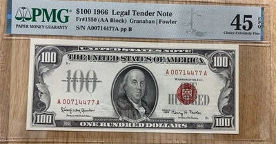 FR. 1550 1966 $100 Legal Tender Red Seal PMG XF45epq 949353-7 - Image 1 of 3