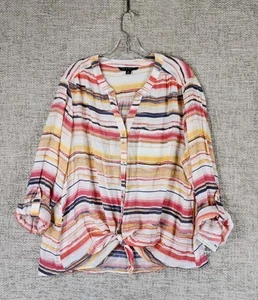 Zac & Rachel Striped Blouse Womens 2XL Tie Front Multicolor Roll Tab Sleeves NWT - Picture 1 of 12