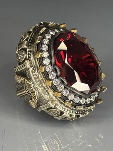 925 Sterling Silver Mens Ruby Ring: Ottoman Engraved Gothic Statement Jewelry - Picture 1 of 6