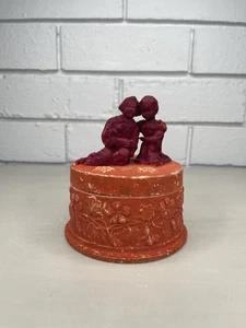 Antique Vanity Dresser Jar/Trinket Box Bisque Ceramic Figural Lid & Floral Motif - Picture 1 of 12