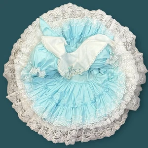 VTG Toddler 4T Party Dress Blue Tiered Pageant Ruffles Lace White Bib Sequins - Picture 1 of 11