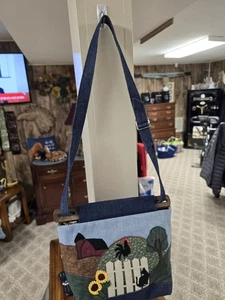 Vintage Barbara J Miller Tasche Denium Canvas Holz Barnyard Handtasche Joy Each Today - Bild 1 von 10