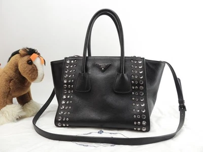 Prada handbag beaded black leather tote shoulder bag bag 15.7*8.6*7.4 inch - Image 1 of 4
