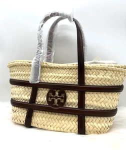 AUTH NWT $370 TORY BURCH Ella SM Raffia Straw Basket Tote Shopper- CLASSIC CUOIO - Picture 1 of 14