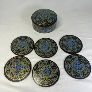 Vintage Paper Mache Floral Coaster Set Of 6 Storage Box Lacquered Hand Painted - Picture 1 of 14