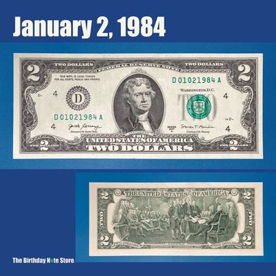 January 2, 1984 Birthday Anniversary $2 Two Dollar Bill Serial Number 01021984 - Image 1 of 2