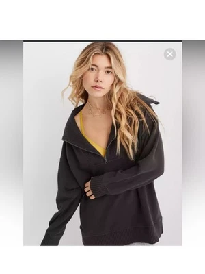 Aerie Women's Down To Earth Oversized Quarter Zip Gray  Sweatshirt Size XL - Изображение 1 из 4