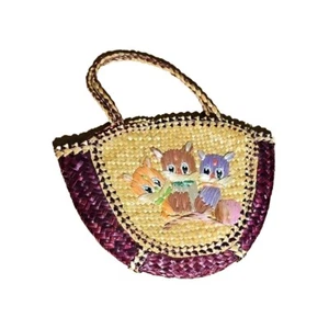 Cute Vintage 80's 3 Little Kitens Purse Plastic Lined Straw Asian Style Kids - Picture 1 of 4